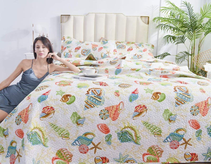 JessyHome Quilt Set Queen Size Beach Bedding Bedspread Coverlet Coastal Ocean Quilt Bedding Summer Lightweight Reversible Bedspread Beach Quilt Starfish Conch Decor Soft Home - Image 3